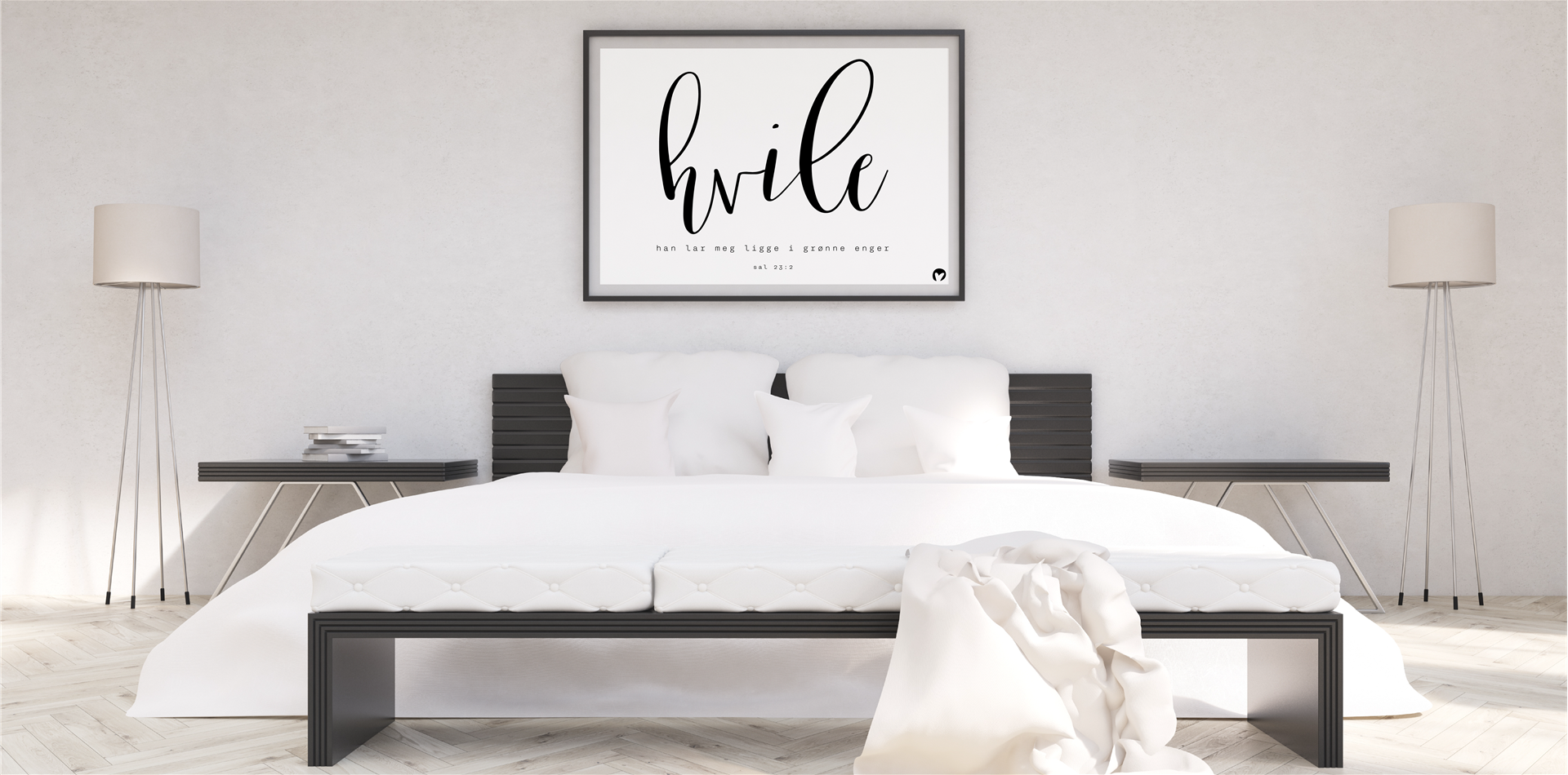 Stor plakat med teksten 'hvile' over ei seng